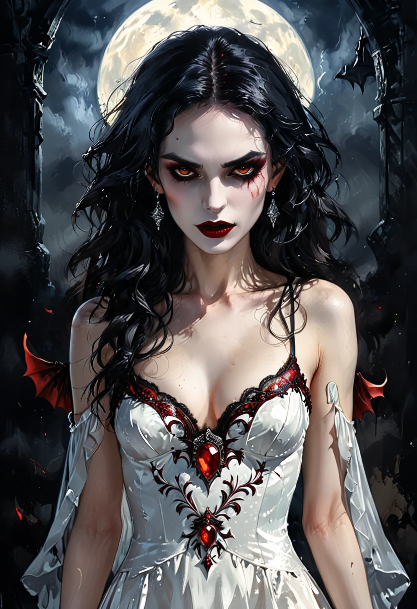 arafé, art fantastique sombre, art gothique, a beautiful female vampire wearing a robe de soirée blanche stained with blood, une très belle femme vampire, visage ultra détaillé, cheveux noirs, cheveux longs, cheveux ondulés, maquillage glamour sombre, peau pâle, lèvres rouges, yeux rouges brillants, crocs vampiriques visibles, elle porte un ((robe de soirée blanche: 1.5)), élégant, robe détaillée complexe, Robe en soie, petit décolleté, ((la robe est décorée de pierres précieuses: 1.4)), she wears élégant knee high heeled boots, bottes à talons hauts exquises, il y a des taches de sang sur la partie supérieure de la robe, roman noir,