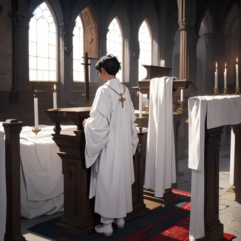 back view black hair boy with white medieval outfit in the altar