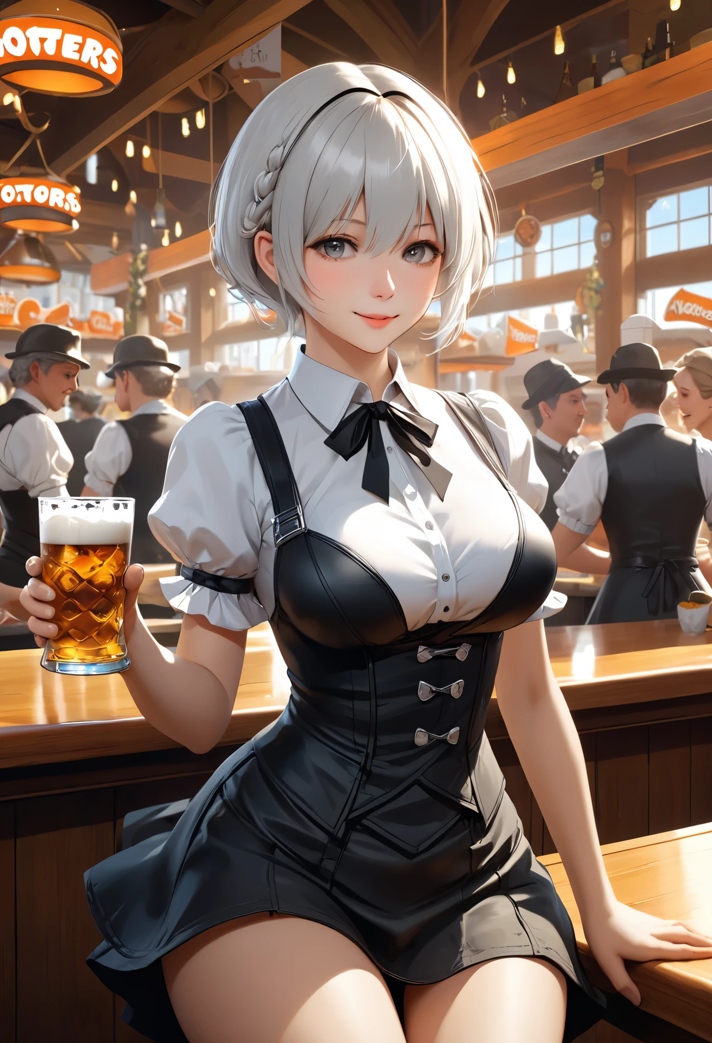 (YoRHa 2b, 2b, 一人のセクシーな女の子, 一人で, 大きく揺れるバスト:1.3), 複雑, エレガント, 非常に詳細, デジタルペインティング, 美術ステーション, コンセプト美術, スムーズ, シャープなフォーカス, 形, 美術ジャム、グレッグ・ラトコウスキー、アルフォンス・ミュシャ、ウィリアム・アドルフ・ブーグロー、美術：ステファニー・ロー , 自然, フルショット, 対称的な, グレッグ・ラトコウスキー, チャーリー・ボウウォーター, 発信音, アンリアル5, シュール, ダイナミックライティング, ファンタジー美術, (フーターズ, オクトーバーフェスト, ウェイトレス:1.7), ゲストに笑顔を向ける