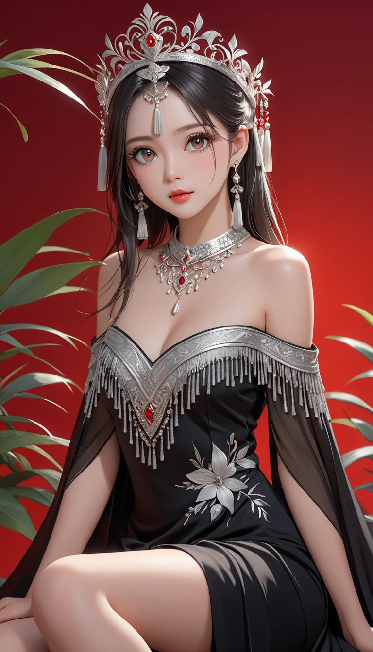 (masterpiece，high quality，8K).beautiful girl，Ethnic evening dress：1.5.Skin details，Bright Eyes，Thick eyelashes，Unique，Staring at the audience），（Black long skirt，Long legs，seedling：1.5，Silver jewelry：1.2，Silver crown：1.5，silver tassel：1.37，）。Clean and simple red background