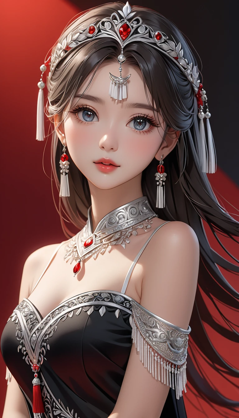 (masterpiece，high quality，8K).beautiful girl，Ethnic evening dress：1.5.Skin details，Bright Eyes，Thick eyelashes，Unique，Staring at the audience），（Black long skirt，Long legs，seedling：1.5，Silver jewelry：1.2，Silver crown：1.5，silver tassel：1.37，）。Clean and simple red background