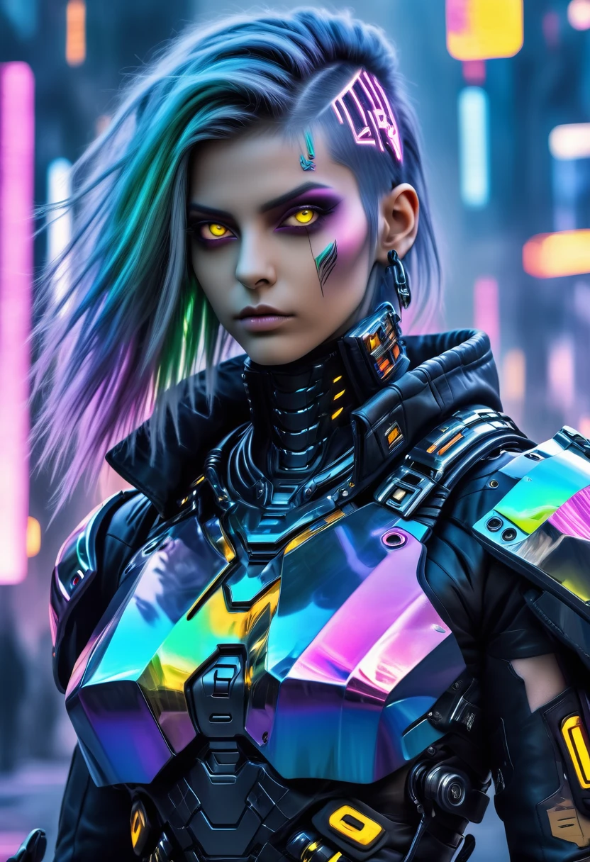 Unbeatable masterpiece, Ultra-photorealism, Perfect artwork, Intricate details, Highest quality, Strong light,High Contrast,((Post apocalyptic futuristic cyber punk , overview):1.35) , ((masterpiece)),((Very detailed)) , ((Highly detailed and beautiful face)) , Smokey Makeup, Perfect composition , Intricate details , Neon Light , Neon Trim, (Esbian all over:1.25) , (Official Art) , とても繊細で美しいcyber punkガール, Long iridescent hair fluttering in the wind, bright yellow eyes, Long and fine eyelashes, Huge、非常にHuge , I can see her cleavage, Wearing highly detailed futuristic hooded combat armor, Lots of tattoos and piercings(One girl:1.3) , alone , (Glass Screen:1.2) , (Transparent glass) , Tyndall effect , colorful refraction , Visual impact , (High light contrast) , colorful , melt , (cyber punk:1.2) ,(Falter :1.4) ,