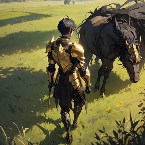 back view black hair boy with golden armored knight walking in the grassfield
