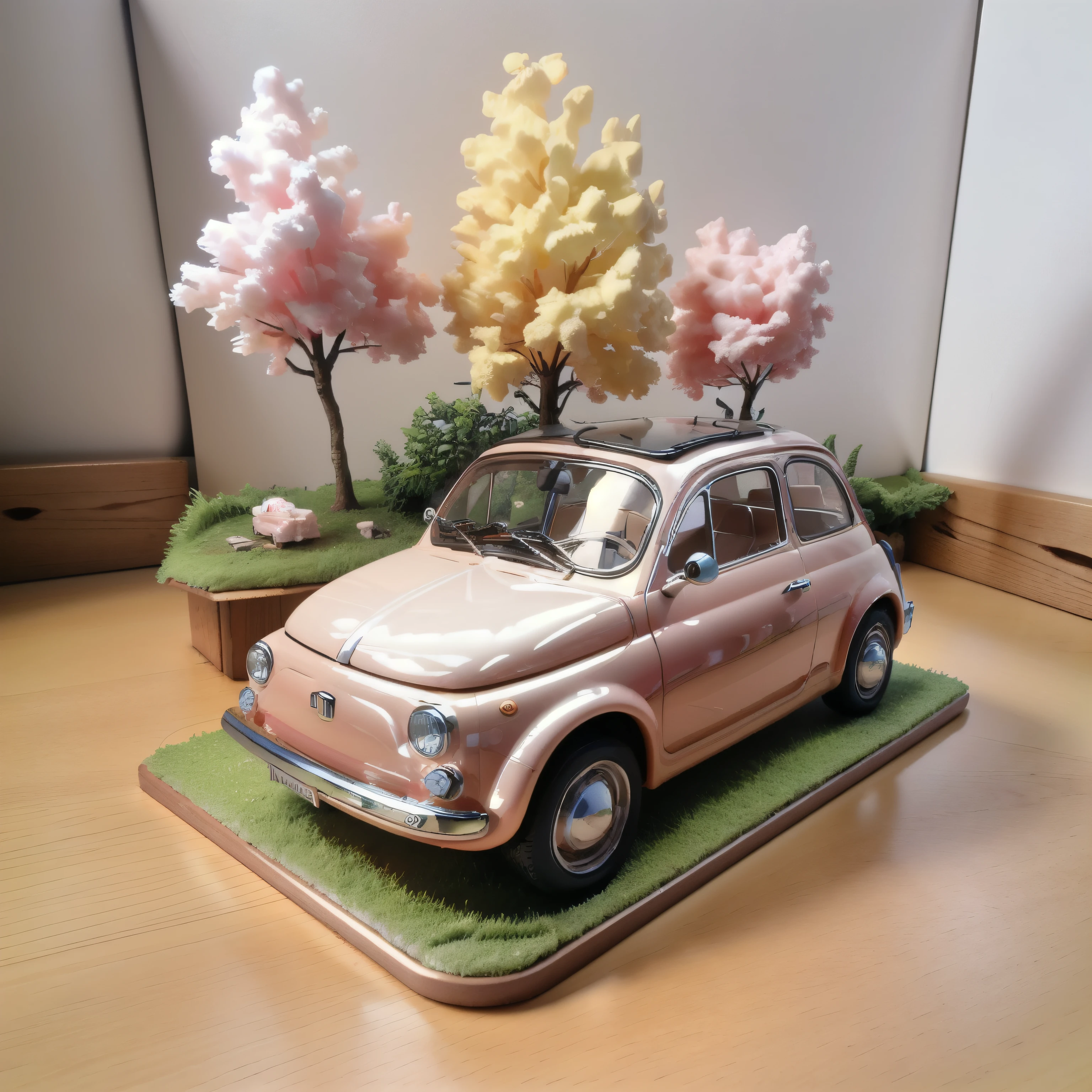 (masterpiece,Highest quality,Highest quality,Very detailed),Cream-colored Fiat 500 plastic model,Isometric 3D diorama,Matte Paint