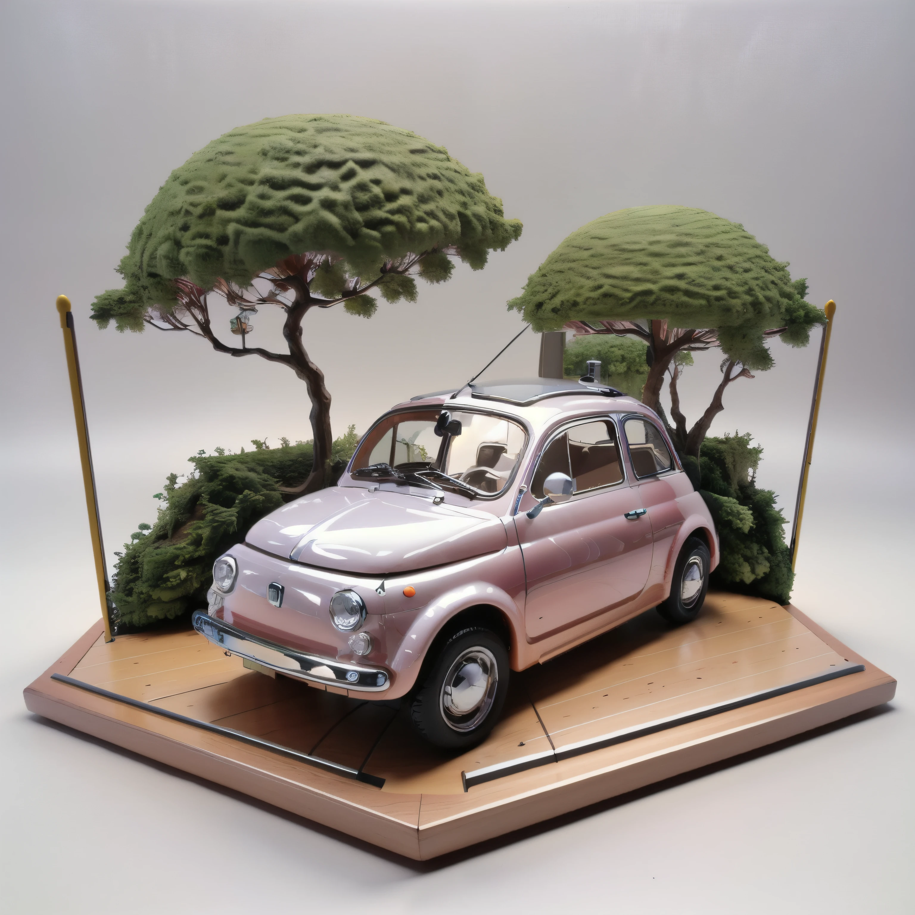 (masterpiece,Highest quality,Highest quality,Very detailed),Cream-colored Fiat 500 plastic model,Isometric 3D diorama,Matte Paint