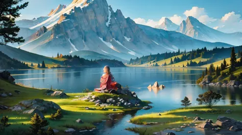 Dreamscape. Lakes amid mountains. A person meditating in the distance