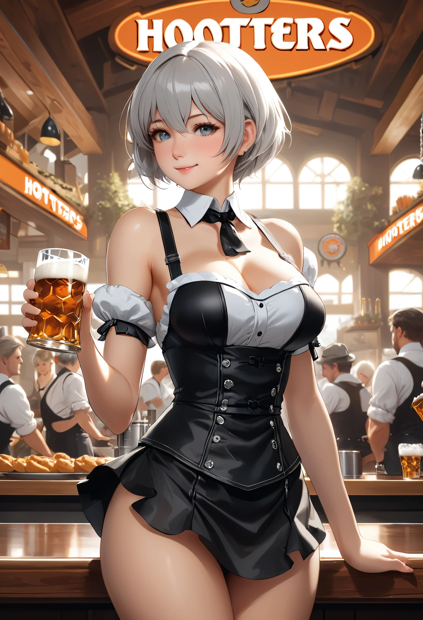 (YoRHa 2B, 2B, One sexy girl, alone, Big swinging bust:1.3), complicated, elegant, Very detailed, Digital Painting, artステーション, コンセプトart, Smooth, Sharp focus, shape, artジャム、Greg Rutkowski、Alphonse Mucha、William Adolphe Bouguereau、art：Stephanie Law , nature, Full Shot, Symmetric, Greg Rutkowski, Charlie Bowwater, beep, Unreal 5, Surreal, Dynamic Lighting, ファンタジーart, (hooters, Oktoberfest, waitress:1.7), smiling to guests, cheers