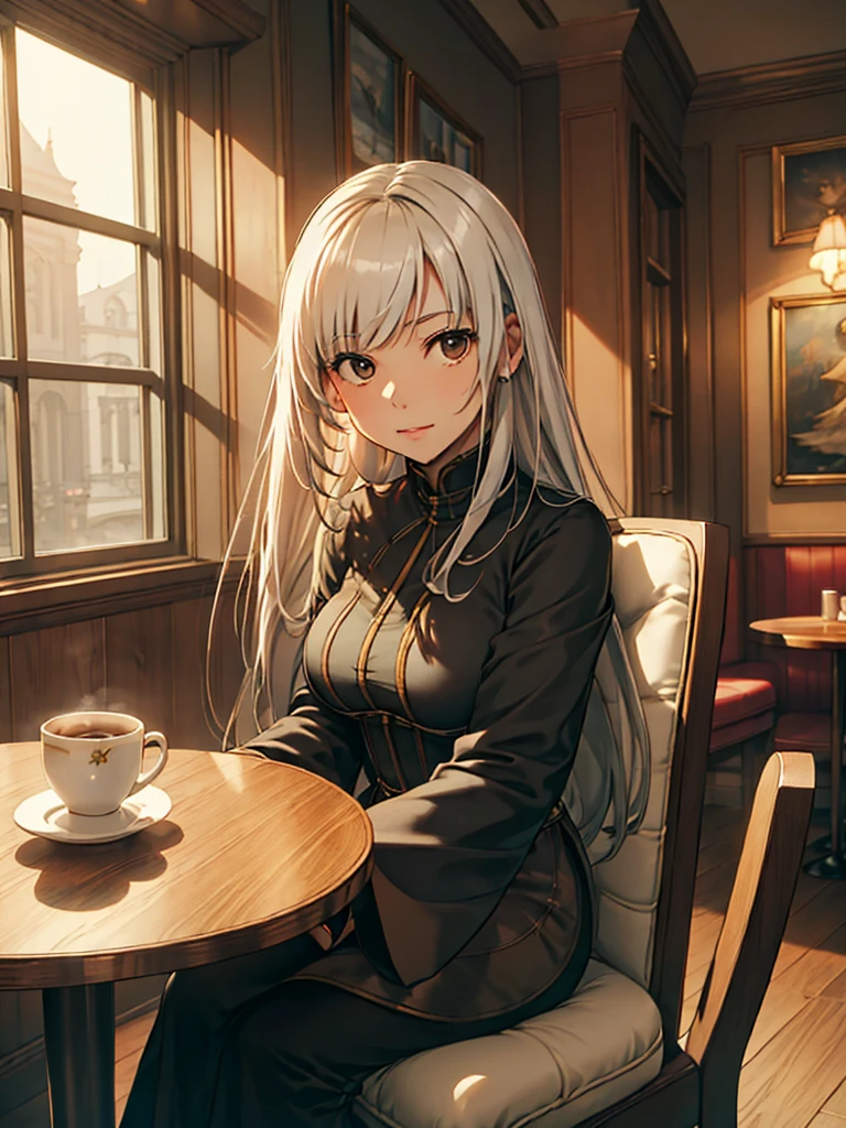 (​masterpiece、top-quality、hight resolution), In a cozy café, the scene is viewed from the perspective of someone having tea with a gentle and wealthy married woman. She has a calm and relaxed demeanor, clearly evident at first glance. She is dressed in simple but high-quality, expensive clothing. The woman looks softly at her companion, exuding warmth and kindness. On the table between them, there are light snacks and drinks. Both are seated in comfortable chairs, creating an intimate and relaxed atmosphere.