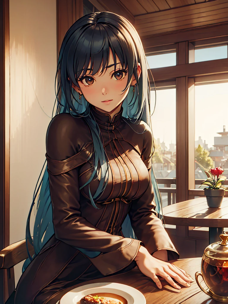 (​masterpiece、top-quality、hight resolution), In a cozy café, the scene is viewed from the perspective of someone having tea with a gentle and wealthy married woman. She has a calm and relaxed demeanor, clearly evident at first glance. She is dressed in simple but high-quality, expensive clothing. The woman looks softly at her companion, exuding warmth and kindness. On the table between them, there are light snacks and drinks. Both are seated in comfortable chairs, creating an intimate and relaxed atmosphere.