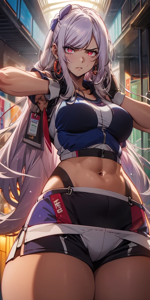 (silver hair:1.3), long hair, ribbon, twintail, red eyes, 1girl, jewelry, breasts, gym_leader, solo, hoop_earrings, underboob, belly_chain, abs, shorts, navel, gloves, looking_at_viewer,  sportswear, simple_background, toned, tankini, hollow eyes, red eyes, looking at viewer. glowing eyes, (heavy breathing:1.2), (annoyed:1.2), parted lips,