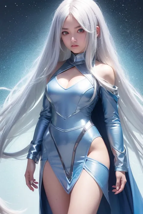 18-year-old girl, messy hair (like android 21), broken hair, silver hair with light blue tones, light blue eyes, brown skin, dar...