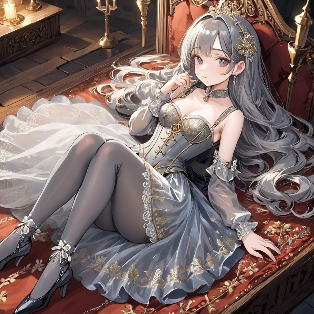 Girls in the Middle Ages、 Gold and silver embroidery、underwear姿、Knee-length semi-transparent drawers（underwear）Wearing、Wearing a semi-transparent corset、 Grey translucent tights、Lying down、White Grey Pearl Medieval Long Dress