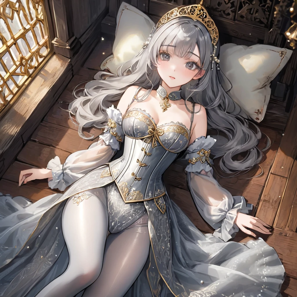 Girls in the Middle Ages、 Gold and silver embroidery、underwear姿、Knee-length semi-transparent drawers（underwear）Wearing、Wearing a semi-transparent corset、 Grey translucent tights、Lying down、White Grey Pearl Medieval Long Dress