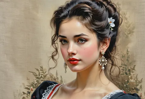 close-up, half body of a beautiful woman, dark tousled hair pinned up in a vintage dress, large earrings, on canvas, hyper reali...