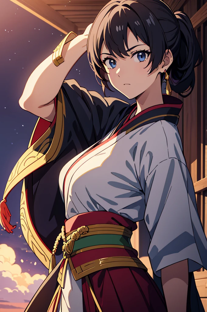 Highest quality, masterpiece, High resolution, alone, （Fire Emblem Ayla），（Fire Emblem: Genealogy of the Holy War），（Half Up_Hairstyle），Long sword，kimono、Nothing，（Armor‗Japan），（Roaring‗Facial Expressions），（Jinhaori），Evening sky_background，Young Girl，Anime Style, Highest quality, 4K, masterpiece,， alone, 1,whole body，looking at the camera, Shinkai Makoto style, （black_Hair Color）Sharp Eyes，（Full Finger）, （Accurate fingertips）, （The finer details）, （Anatomically correct）, (映画のbackground), Hyper Detail, (Subtle details), (Intricate details),