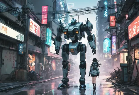 anime scene of two people in a city with a robot, digital cyberpunk anime art, anime cyberpunk art, cyberpunk anime girl mech, c...