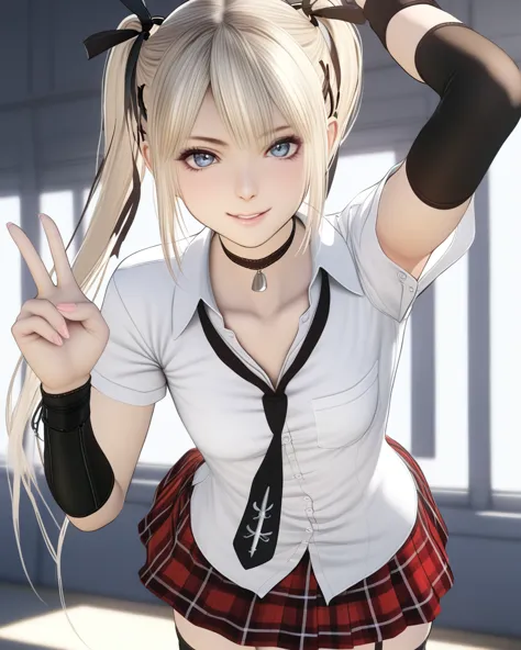 marie rose, 1girl, small breasts,
black choker, white shirt, necktie, plaid skirt, wristband, detached sleeves, black thighhighs...