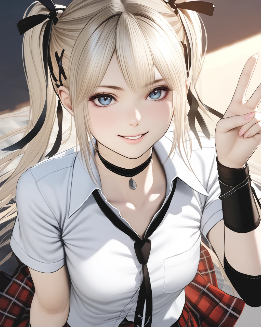 marie rose, 1girl, small breasts,
black choker, white shirt, necktie, plaid skirt, wristband, detached sleeves, black thighhighs, garter straps,
smile, v, hand up,upper body,, masterpiece,best quality,