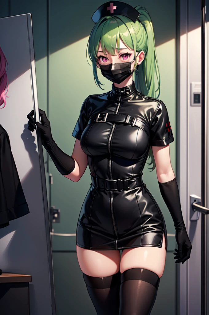 black nurse, 1girl, solo, black nurse cap, black nurse uniform, ((black legwear, zettai ryouiki)), black elbow gloves, ponytail, green hair, pink eyes, ((black surgical mask, covered nose)), standing, ((surgery room)), sharp outline, short sleeves, best quality, masterpiece