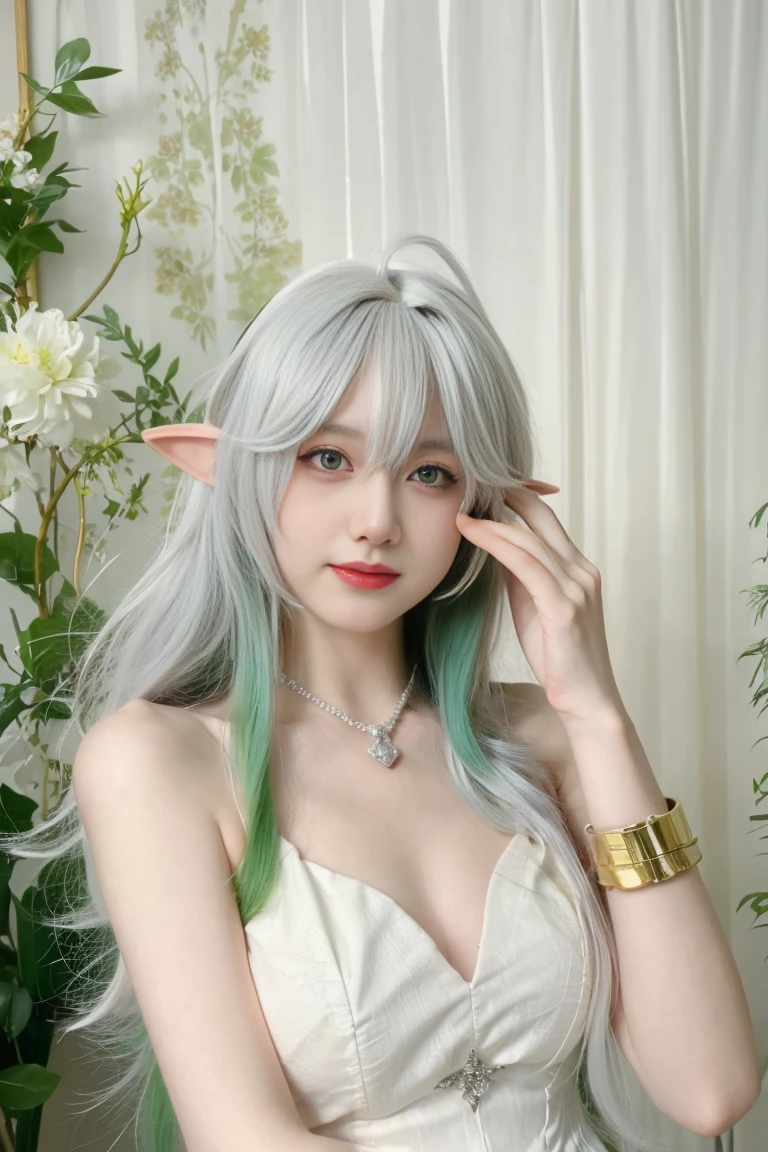  best quality,tmasterpiece,Ultra-high resolution,Clear face,（Reality：1.4），RAW photo，cold light，(upper body photo:1.5), (photorealistic:1.50), anime wallpaper, Guviz style artwork, fantasy close-up to magic, by Yang J, Guviz, beautiful artwork illustration, beautiful digital artwork, beautiful digital illustration, Li Song, beautiful anime portrait, art style at Beauvot, 1girl, 独奏, smiling, bracelets, bangs, green eyes, white dress, long hair, stirrup footwear, pointed ears, colorful hair, side ponytail, jewelry, white hair, gradient hair, shaped pupil symbol, hair ornaments, bangs, barefoot, white socks, looking at viewer, no shoes, socks, bracelets, feet, closed mouth, cross-shaped pupils, green hair, hair between the eyes, bare shoulders, sleeveless, green robe, short sleeves, shirt sleeveless, white footwear, indoor, (Curtain background:1.5),