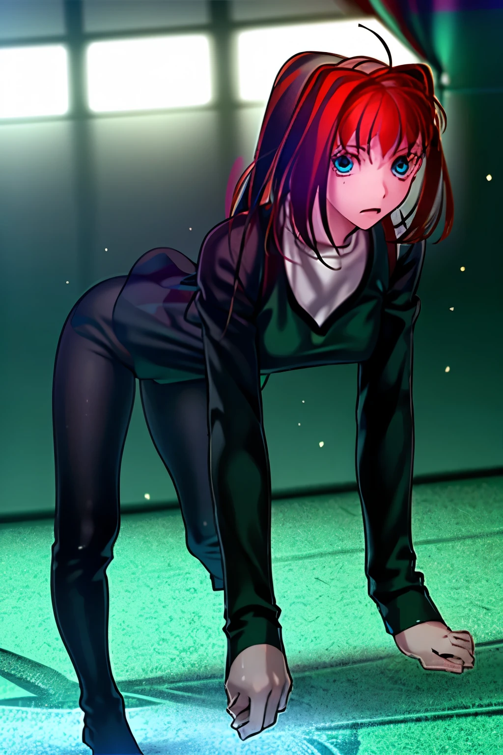 Anime girl with red hair and black pants bending down on the ground -  SeaArt AI