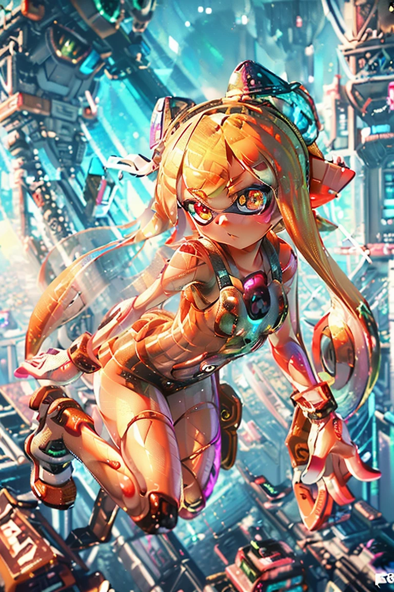 (Super detailed, masterpiece:1.2), Highly detailed artwork, Highest quality, High resolution, Surreal:1.37, ((Attractive Splatoon Girl, Golden glowing eyes、Long, prism-gradation tentacle hair))、Beautiful Face、Detailed facial depictiotomically correct body、(A breathtaking leap, Cityscape in the background)