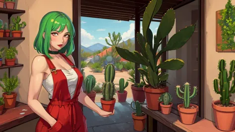 (masterpiece, best quality:1.2), aka6, 1girl, solo, green hair, medium hair, red eyes, lips, red lips, closed mouth, blush, oran...