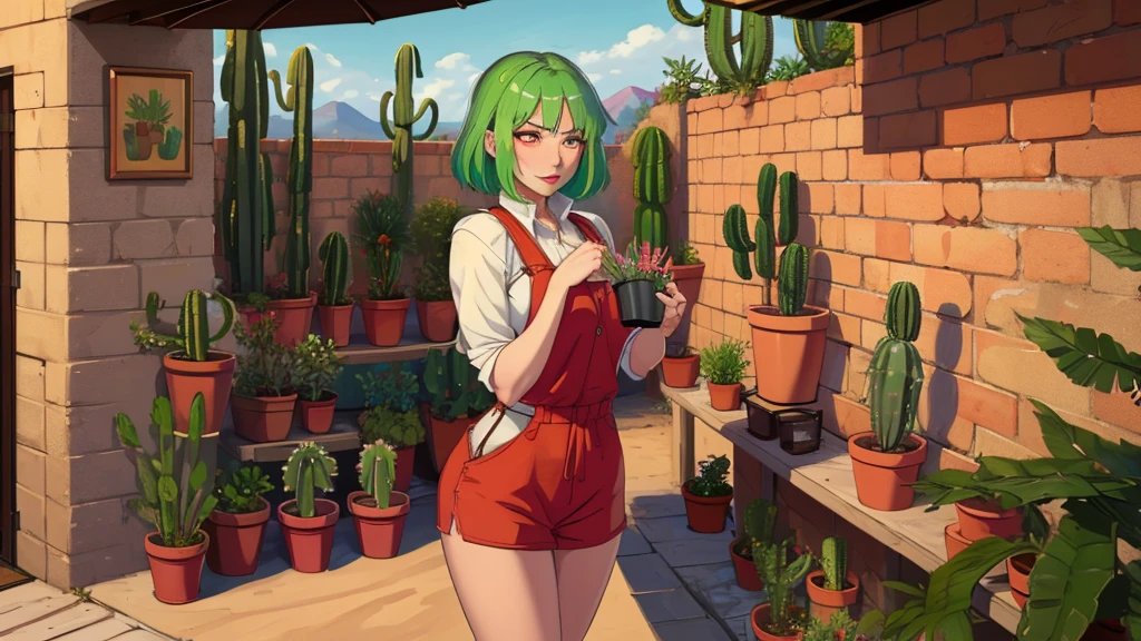 (masterpiece, best quality:1.2), aka6, 1girl, solo, green hair, medium hair, red eyes, lips, red lips, closed mouth, blush, orange overall, thighs, in desert, cactus in background, holding plant pot with cactus, plant pot with cactus in hands