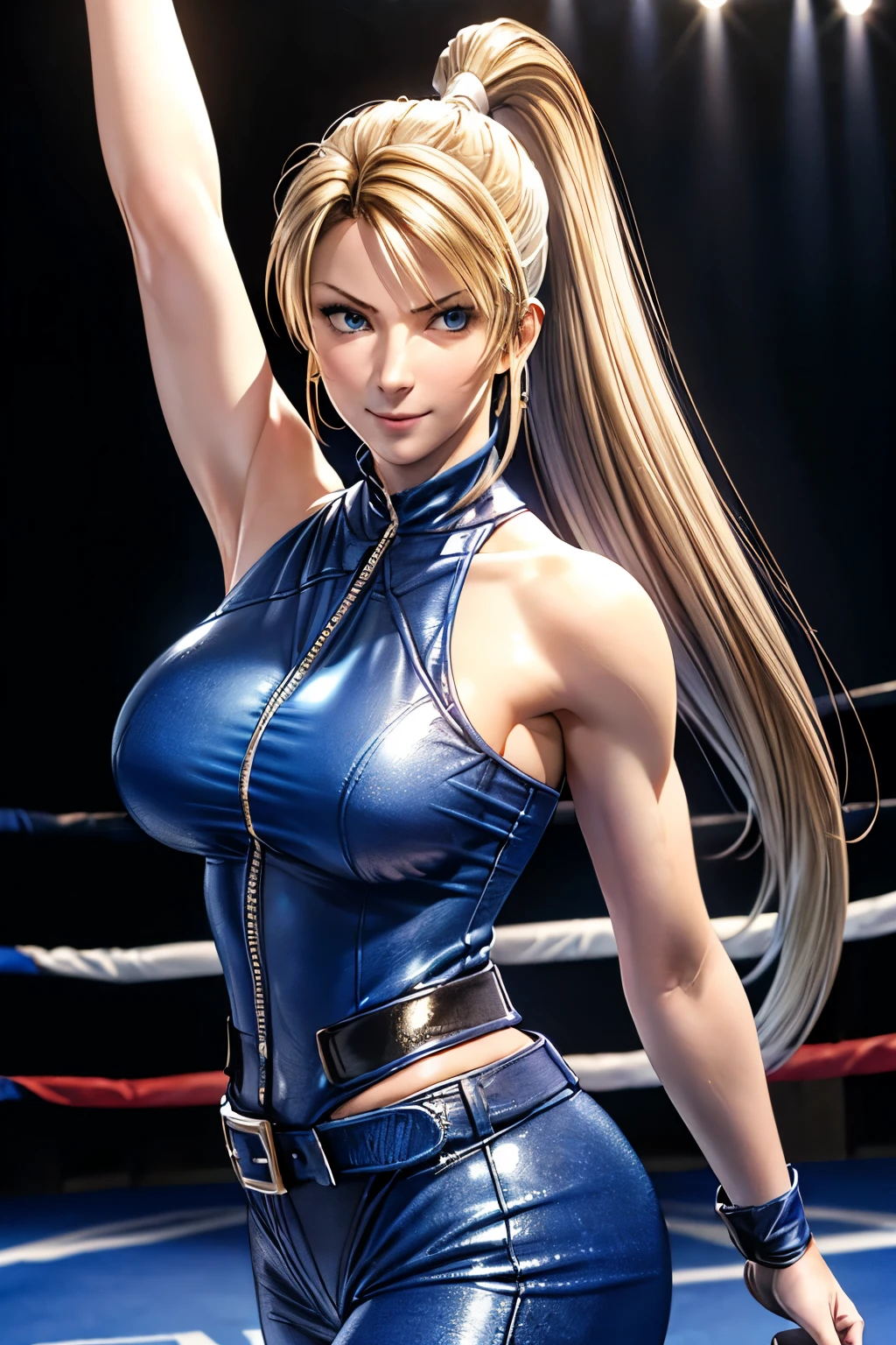 Sarah, blue eyes, (fighting arena:1.4), long hair, (leaning against robe:1.2), (angle view:1.0), cowboy shot, blonde hair, (high ponytail:1.2), bodysuit, Shoulders exposed, (arms exposed:1.2), (white skin:1.4), (high kick:1.5), (tight blue bodysuit:1.1), belt ,sleeveless, fully closed zipper, boots, high heels, earrings, fingerless short gloves, BREAK masterpiece, 1 girl, RAW photo, (best quality:1.2), extremely delicate beautiful, very detailed, 2k wallpaper, amazing, fine details, (springy medium breasts:1.2), extremely detailed CG Unity 8k wallpaper, super detailed, high resolution, (beautiful detailed girl:1.2), perfect anatomy, wide cheeks, (shiny clothes:1.1), (smile:1.2), (upper body:1.4), (Realistic, Photorealistic:1.0), (thin nose:1.2), (breast focus:1.3), 20 year old, high nose bridge, (blue clothes:1.2), fighting pose, (stuffed cheeks:1.3), (very happy:1.2), (white skin:1.4)
