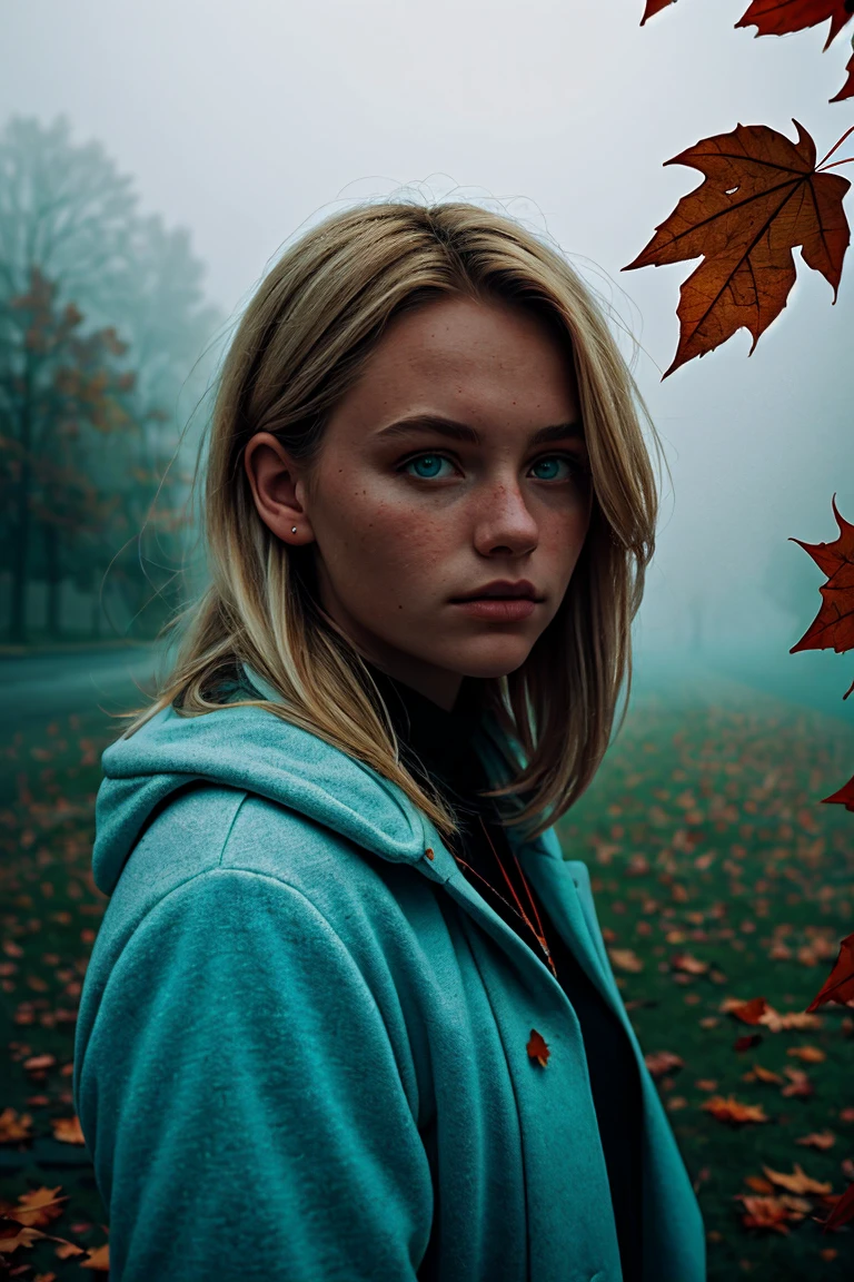 (high detail:1.2) portrait, young woman, blonde, sexuality, European appearance, Swede, (Cinematic lighting, Gentle colors),(falling leaves:1.2), Calm lighting, wind, fog. turquoise, delta shades