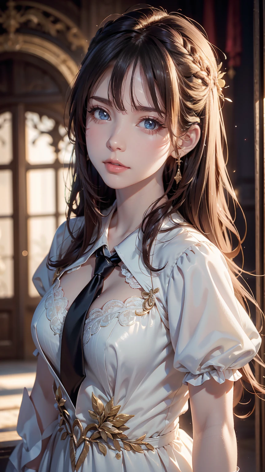 8K, Highest quality, masterpiece:1.2), (Realistic, photo-Realistic:1.37), Highest quality, masterpiece, Beautiful young woman, Pensive expression, Thoughtful expression, Elegant clothing, Tie your hair back, Messy mood, Movie Background, tired, Light skin tone