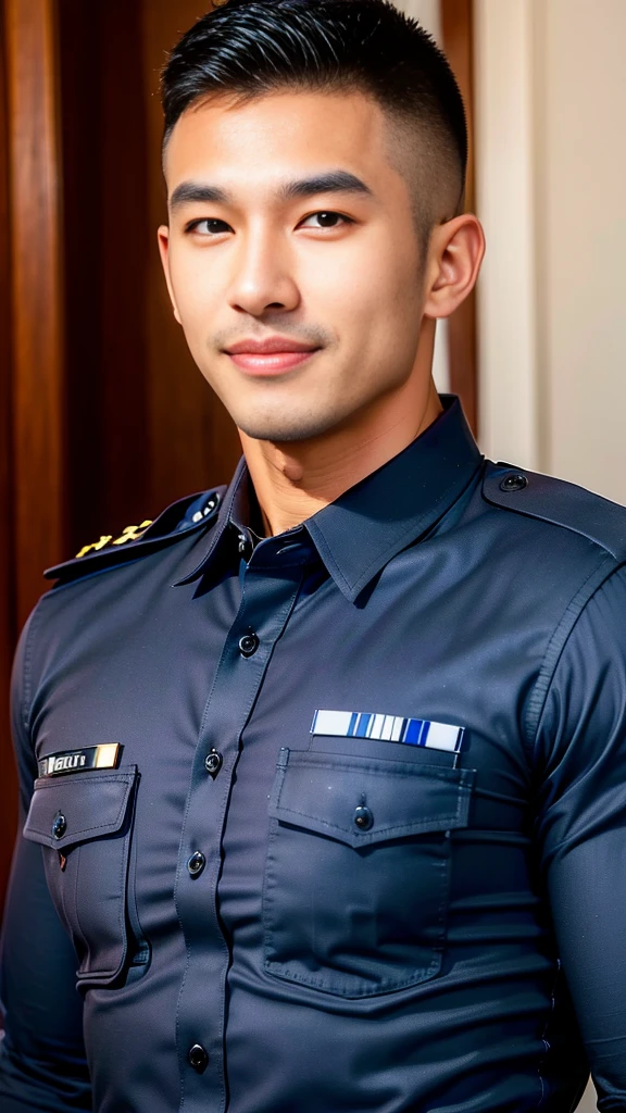 
(Create a masterpiece: 1.2),(CGI art:1.3),(realistic:1.5),(After processing:1.3),(Sharp focus:1.3),10,1 man, smile, (Wear a navy blue police shirt.),  Korean guy , korean men, (High gloss details), chest muscles, large arm muscles, blood vessel, Big muscles, Broad shoulders, looking at the audience, Balancing the eyes, forest, mountain, (Make eye contact)
