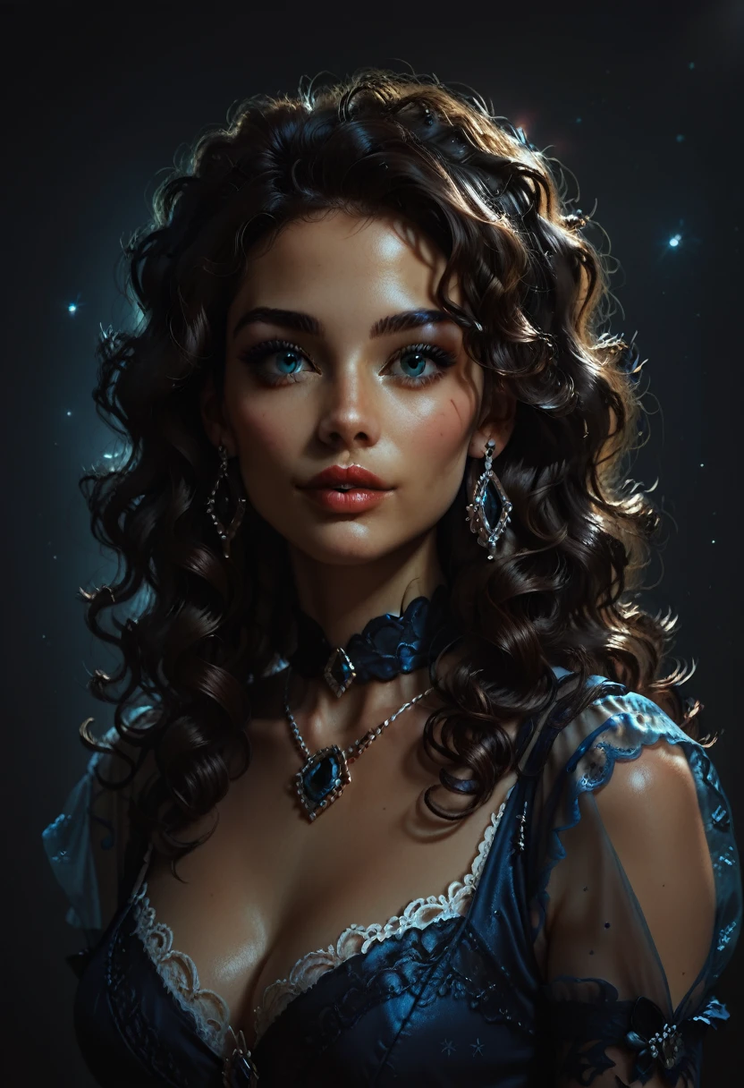 score_9, score_8_up, score_7_up, score_6_up, rating:safe, 1girl, solo, black_hair, wavy_hair, jewelry, dress, blue_eyes, earrings, long_hair, looking_at_viewer, curly_hair, upper_body, lips, lace, blue_dress, night, cxqz8r