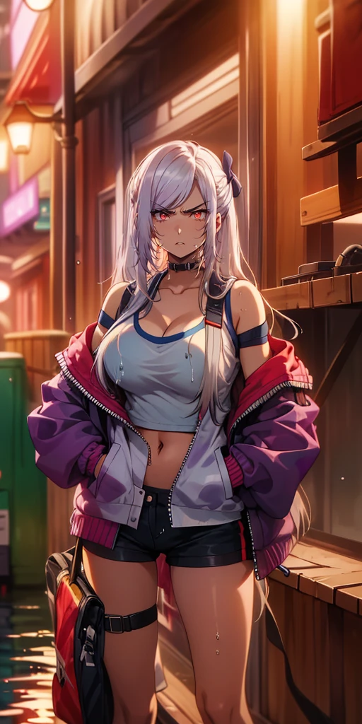 (silver hair:1.3), long hair, ribbon, twintail, red eyes, 1girl, shorts, jacket, ribbon, cleavage, solo, looking_at_viewer, large_breasts, wet, off_shoulder, bare_shoulders, navel, wet_clothes, short_shorts, thigh_strap, open_clothes, hands_in_pockets, midriff, black_shorts, standing, open_jacket, collarbone, outdoors, clothes_writing, (bokeh:1.3), backlighting, hollow eyes, red eyes, looking at viewer. glowing eyes, (heavy breathing:1.2), (annoyed:1.2), parted lips,