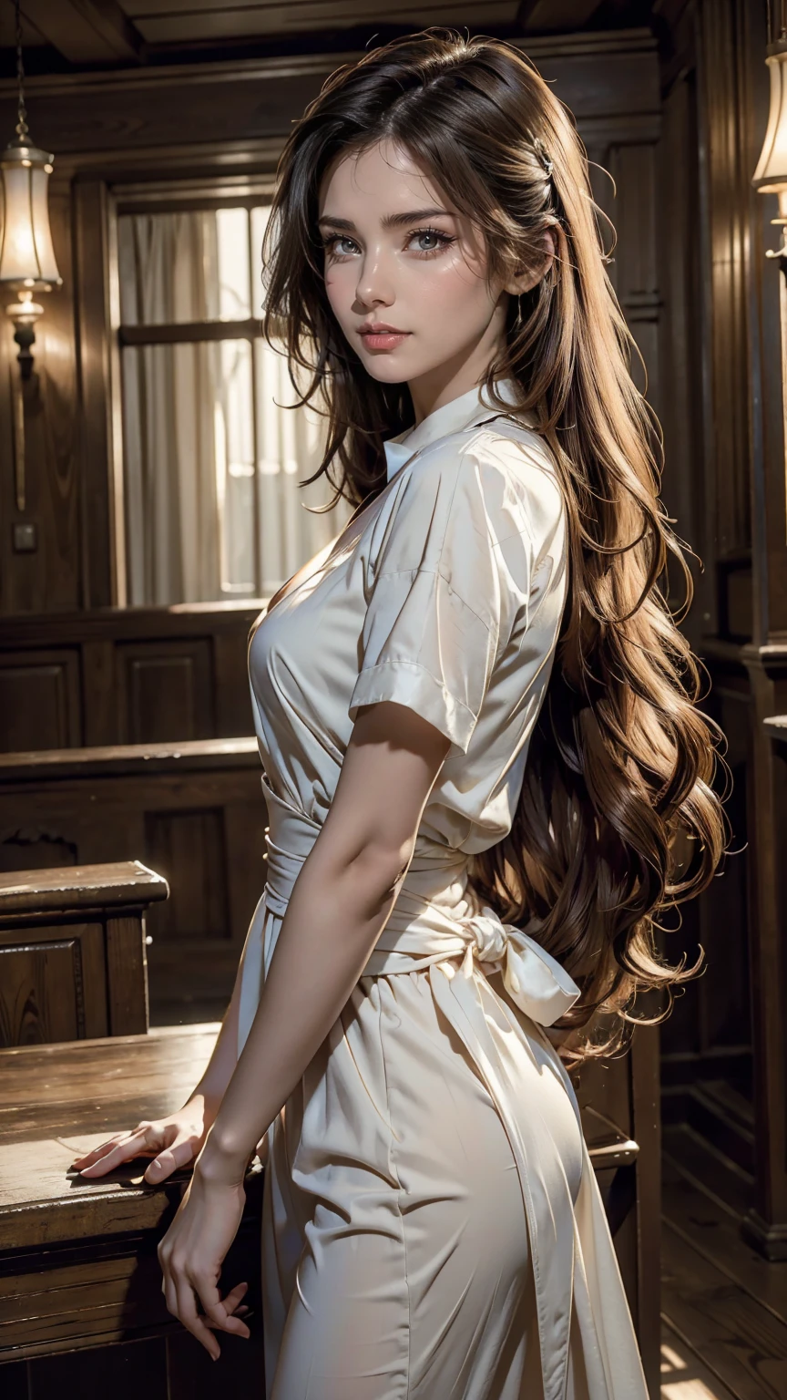 8K, Highest quality, masterpiece:1.2), (Realistic, photo-Realistic:1.37), Highest quality, masterpiece, Beautiful young woman, Pensive expression, Thoughtful expression, Elegant clothing, Tie your hair back, Messy mood, Movie Background, tired, Light skin tone