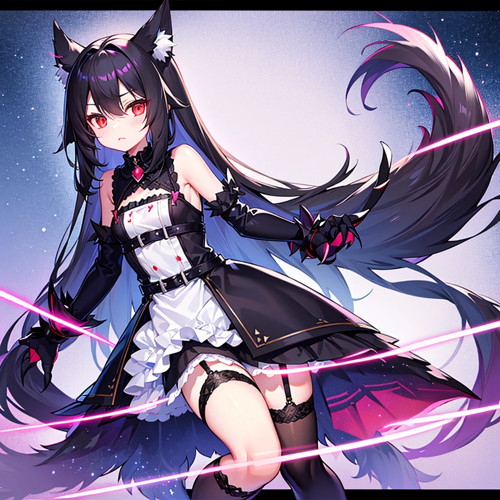 black long straight hair shota,hyper cute fenrir shota,ultra frilly miniskirt dress,holding glowing claw weapon,fenrir's claw attack,garter belt,