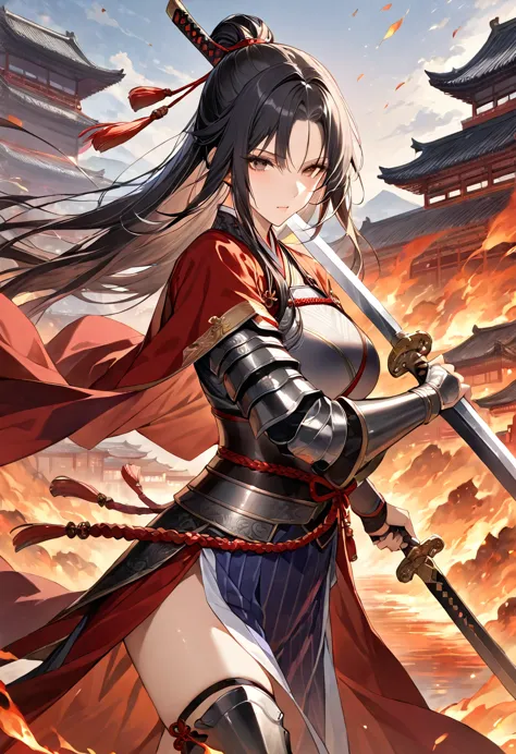 ((masterpiece, Highest quality, High resolution)), ((Highly detailed CG integrated 8K wallpaper)), Female swordsman in Chinese c...