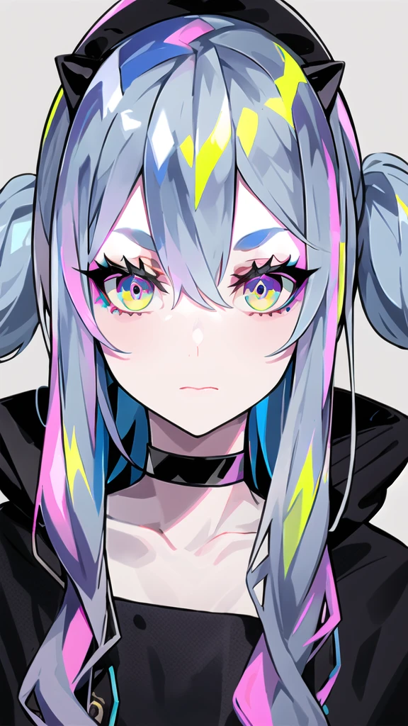 lam \(ramdayo\), 1girl, black choker, blue eyes, blue hair, choker, covered mouth, eyebrows hidden by hair, grey hair, hair between eyes, hood, hood down, liquid hair, looking at viewer, multicolored eyes, multicolored hair, pink eyes, pink hair, portrait, simple background, solo, yellow background, ((masterpiece)) 