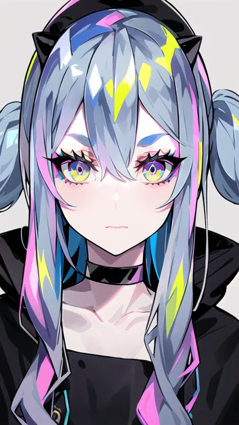 lam \(ramdayo\), 1girl, black choker, blue eyes, blue hair, choker, covered mouth, eyebrows hidden by hair, grey hair, hair betw...