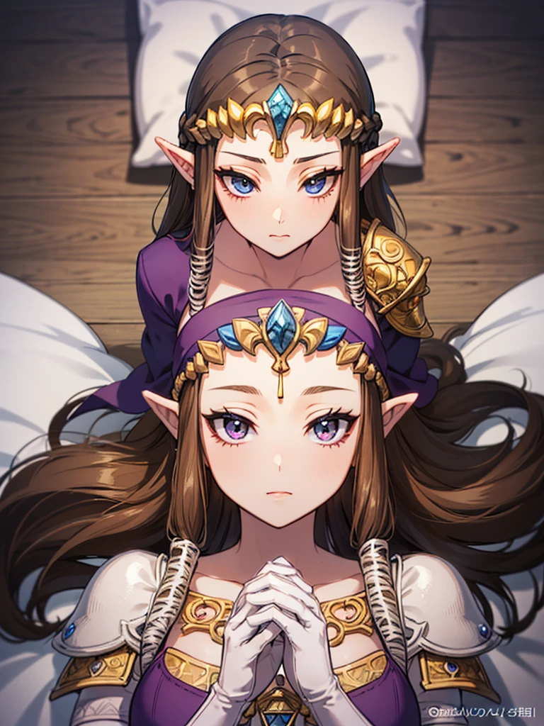 ((Clasp your hands together as if praying)),((Princess Zelda)),((the legend of zelda)),((Front face)),((upper body)),Anime art style,masterpiece,(Dark brown hair), (Very detailed),(Very delicate and beautiful),(alone),((((pov)))),(Detailed face and eyes),Beautiful eyes like jewels,(Purple blouse),(((Mature Woman,Queen))),((1 Queen in a beautiful)),((crinoline)),(((Long Straight Hair))),(Very beautiful mature woman),,length_gloves,hair accessory,Sparkling,((Lying in bed))