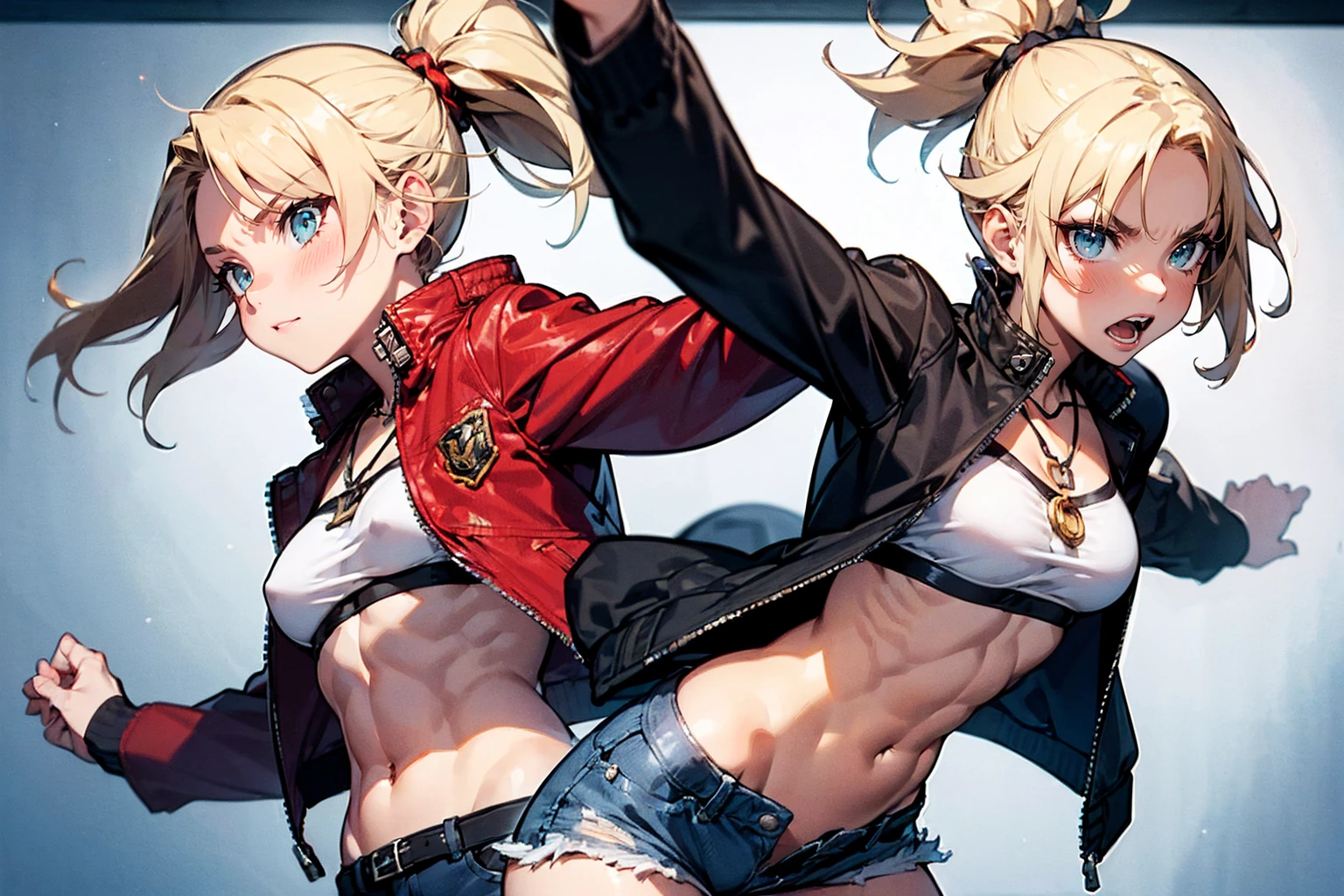 ((One Woman:2)), (Red jacket：1.9 )、((Battle Scenes：1.３, Swinging his sword violently,Dynamic Pose, Dynamic Action,Tight chest tops, Two-handed sword swinging pose)) , （Green Eyes:1.3）、Blonde Hair、ponytail、short hair、Scrunchie、赤いScrunchie、ヘアScrunchie、(赤いJacket:1.3)、denim、denimShorts、Jacket、jewelry、Abdominal muscles、Sturdy body、belly button、necklace、(赤い革Jacket)、Shorts、Shorts、Tube top、White top、,(Perfect hands),(Perfect Anatomy, complete hand depiction),(masterpiece),(Highest quality),　Angry face：1.３, side view：1.３
