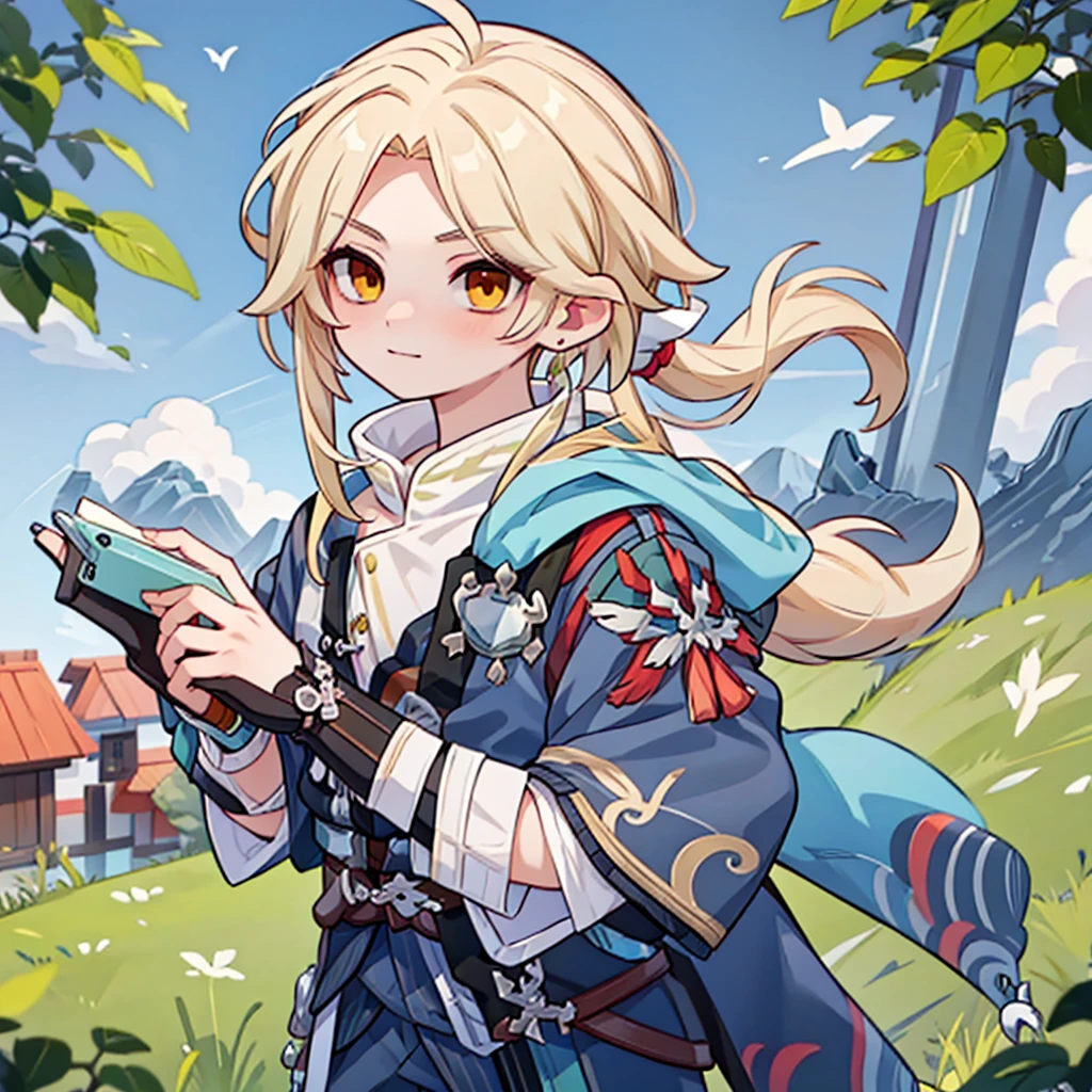 Character design, many poses, young man with long blond hair, clothes of fur made for the cold in medieval style, (detailed), perfect face, anime style, 2D, green, orange, red