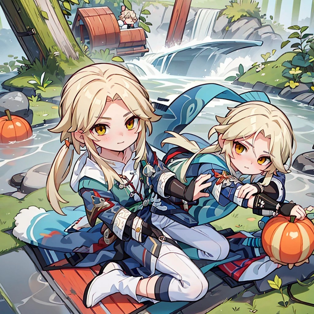 Character design, many poses, young man with long blond hair, clothes of fur made for the cold in medieval style, (detailed), perfect face, anime style, 2D, green, orange, red