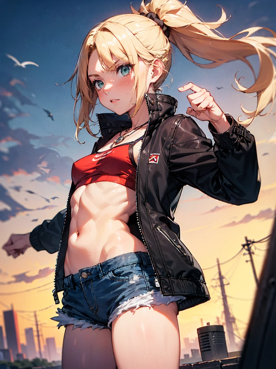 ((One Woman:2)), (Red jacket：1.9 )、((aerial, Two-handed sword swinging pose)) , （Green Eyes:1.3）、Blonde Hair、ponytail、short hair、Scrunchie、赤いScrunchie、ヘアScrunchie、(赤いJacket:1.3)、denim、denimShorts、Jacket、jewelry、Abdominal muscles、Sturdy body、belly button、necklace、(赤い革Jacket)、Shorts、Shorts、Tube top、White top、,(Perfect hands),(Perfect Anatomy, complete hand depiction),(masterpiece),(Highest quality),　Angry face：1.３, side view：1.３
