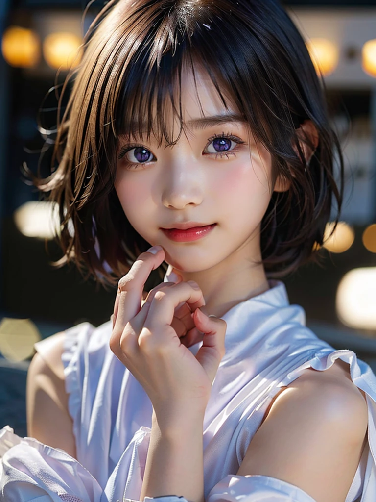 (Beautiful Japanese Girl), 1girl, solo, , (smile:1.25), break, 
(Shot with a Canon EOS 5D Mark 4 and a Canon EF 85mm F1 lens.2L Lens, F-stop 1.2, ISO50, Shutter speed ), break, 
(close up:1.5), (Looking at the camera :1.3), break, 
beautiful and Fine Eyes, perfection, perfection, Rolling your eyes, Detailed face, Fine Eyes, Superior Quality, masterpiece, Very detailed, High level of detail, Many details, high quality, Cinematic Light, Real Hands, (Ultra-realistic:1.3), perfection eyes, Detailed skin, Skin wounds, Lip gloss, break, 
kyriedef, hair over one eye, short hair,  (hair over one eye:1.5), tanned skin