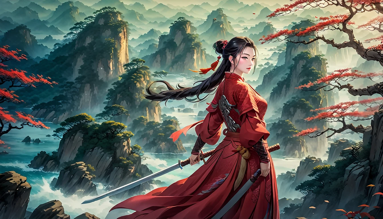 Eine Frau in Rot, die ein Schwert trägt, Xianxia-Held, Von Bäumen inspiriert, Ganzkörperfee, Inspiration von Du Qiong, Bian Lian, Inspiriert von Cao Zhibai, Inspiriert von Zhu Lian, Inspiriert von PwC, inspiriert von Zhou Fang, Dame in roter Rüstung, Königin des Meeres Mu Yanling