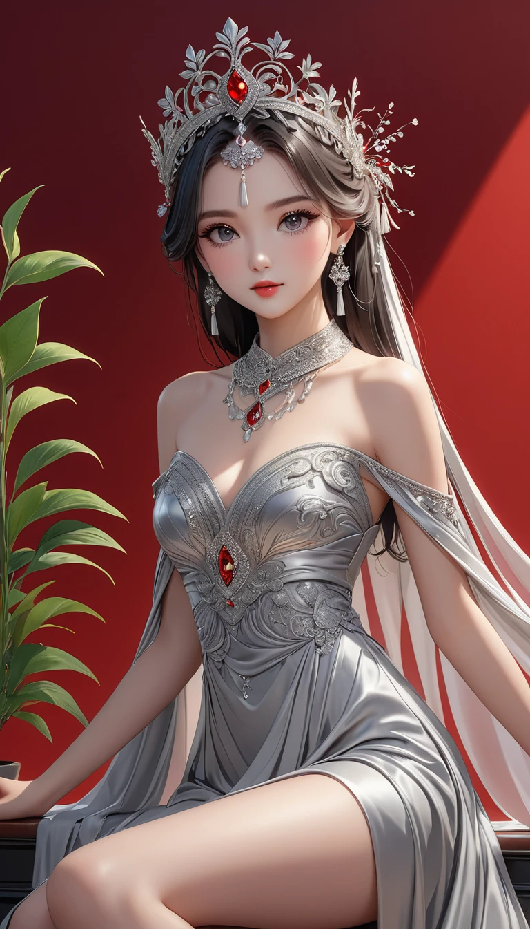 (masterpiece，high quality，8K).beautiful girl，Ethnic evening dress：1.5.Skin details，Bright Eyes，Thick eyelashes，Unique，Staring at the audience），（Black long skirt，Long legs，seedling：1.5，Silver jewelry：1.2，Silver crown：1.5，silver tassel：1.37，）。Clean and simple red background