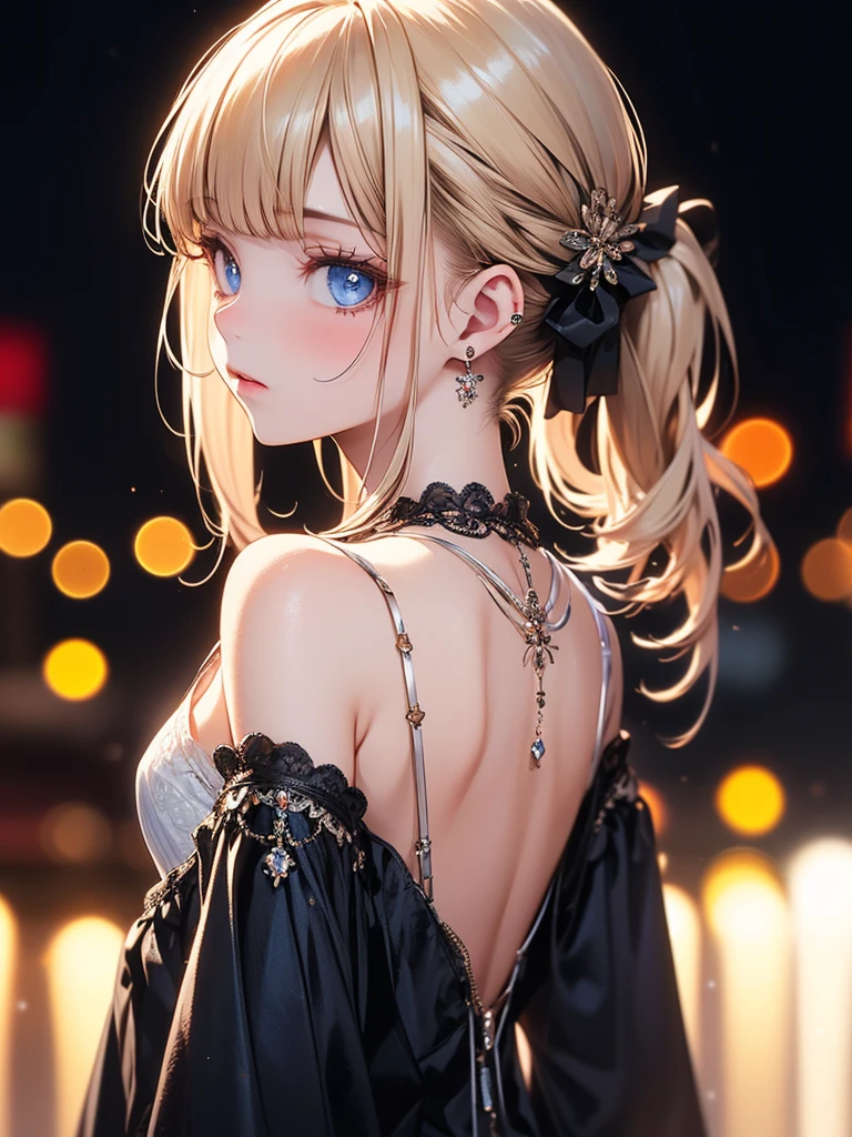 (masterpiece),(highest quality:1.2),((arms behind back)),(1 girl),face focus,(Flat Chest),highest quality,Blonde ponytail,Blunt bangs,(From the side),looking up,Beautiful and detailed blue eyes,detailed clothes of white,Disappointed,pastel tones,soft cinematic lighting,Bokeh,city lights