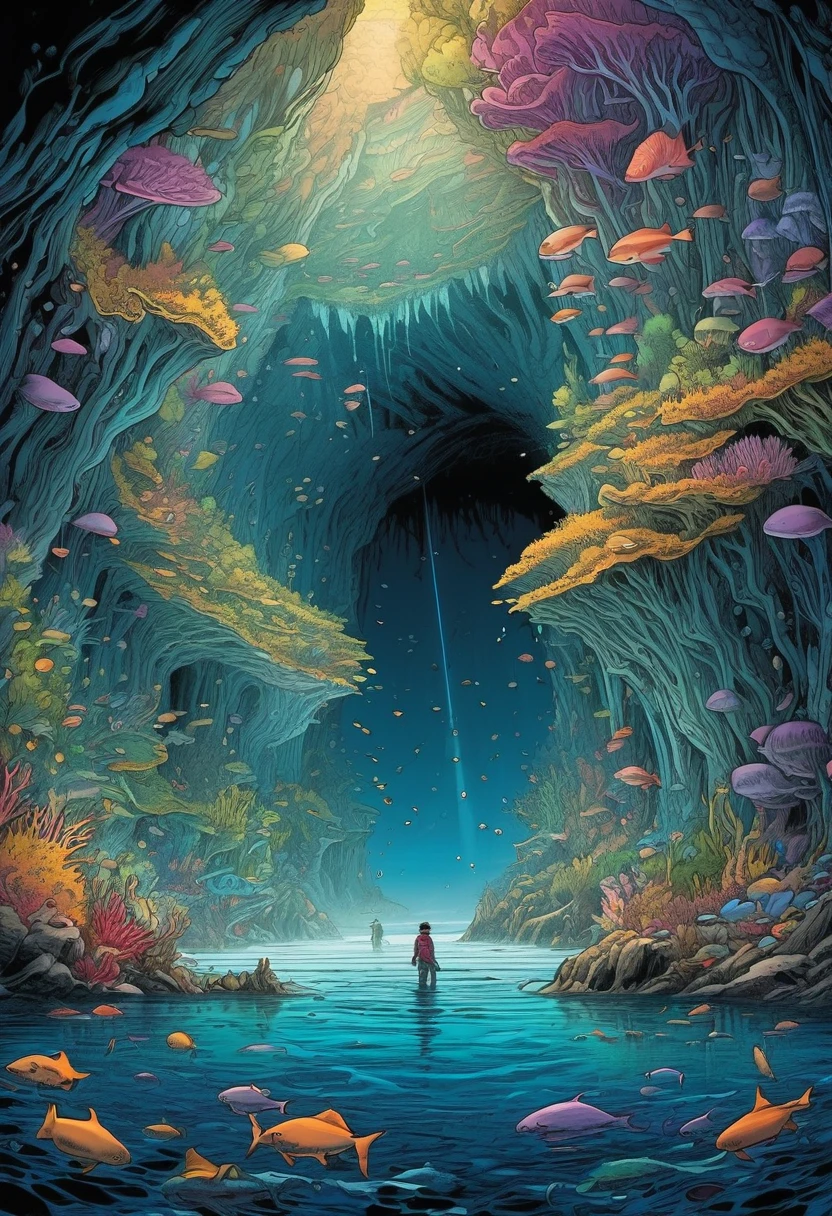 Deep Sea Reveal Cave、high ceiling cave、diego gisbert lawrence、Josan Gonzalez、By Dan Mumford、Picture book illustrations、Psychedelic Art、One Girl、Bubbling、Coral、Angel T、horizon、water、vague、superwide shot,Tabletop、Highest quality、Ultra-detailed、Intensive、Golden ratio composition、