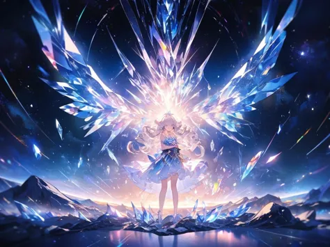 the crystal girl curled up in the center of the picture，surrounded by space and stardust